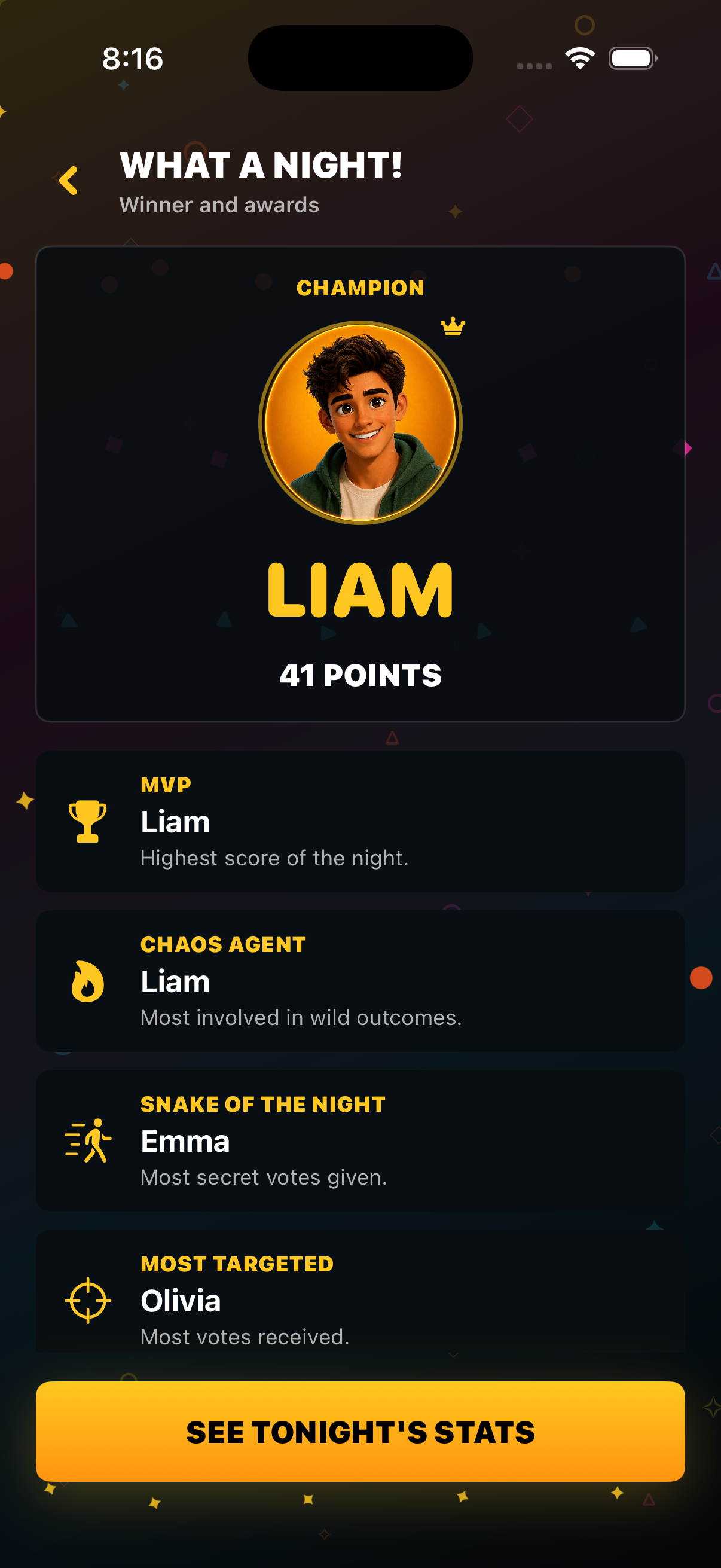 Game Night final summary screen